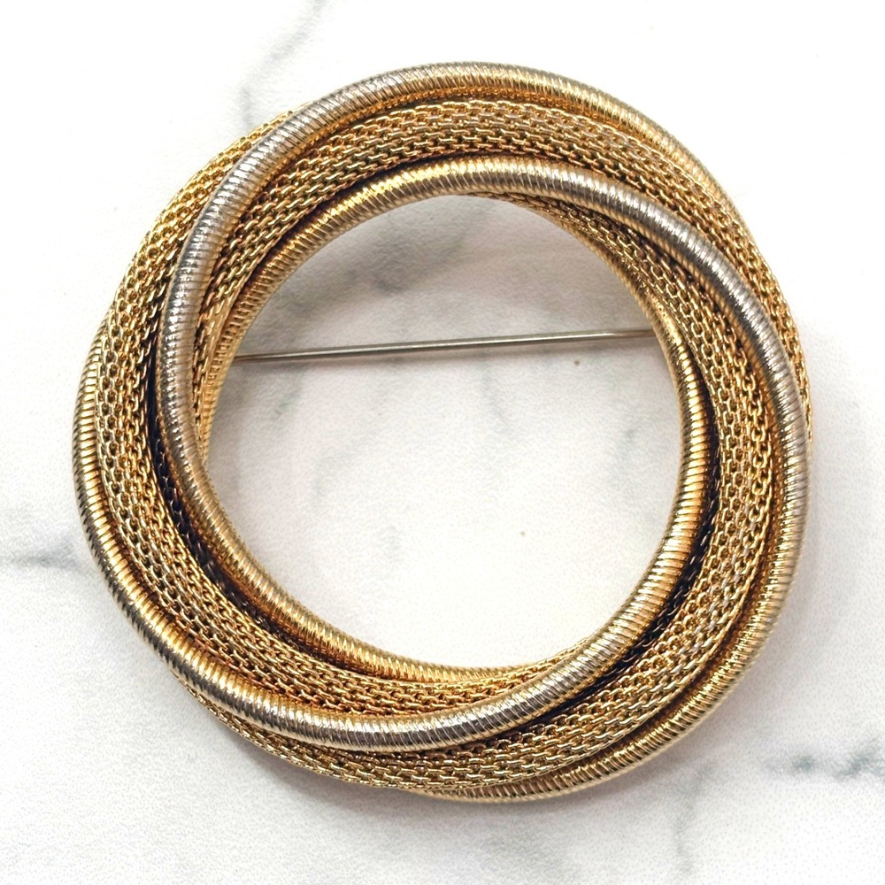 Marvella Vintage Two Tone Gold‎ Silver Mesh Snake Chain Wreath Pin Brooch